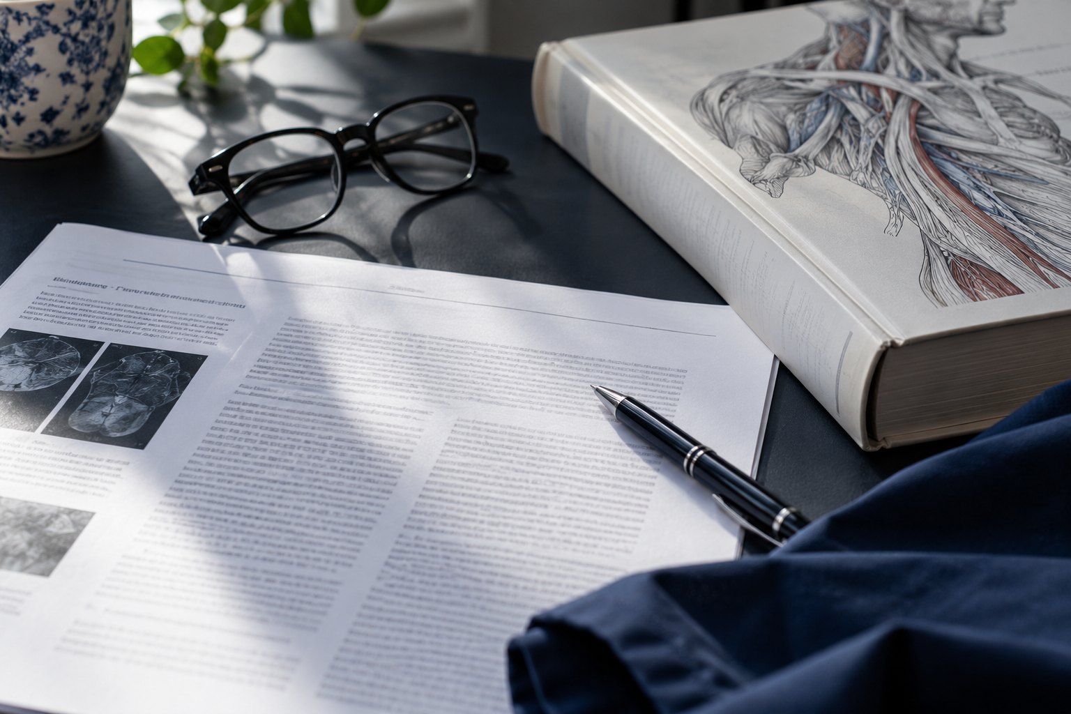 Illustrative editorial desk with reference books, a research page, glasses and a pen